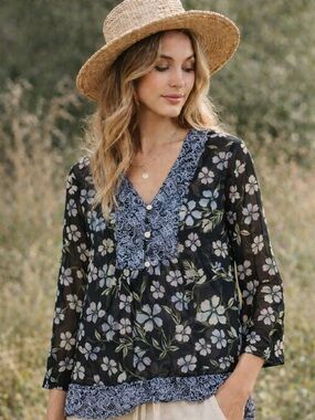 J Jill Floral Sheer Blouse Lace Trim Boho Cottagecore Size L